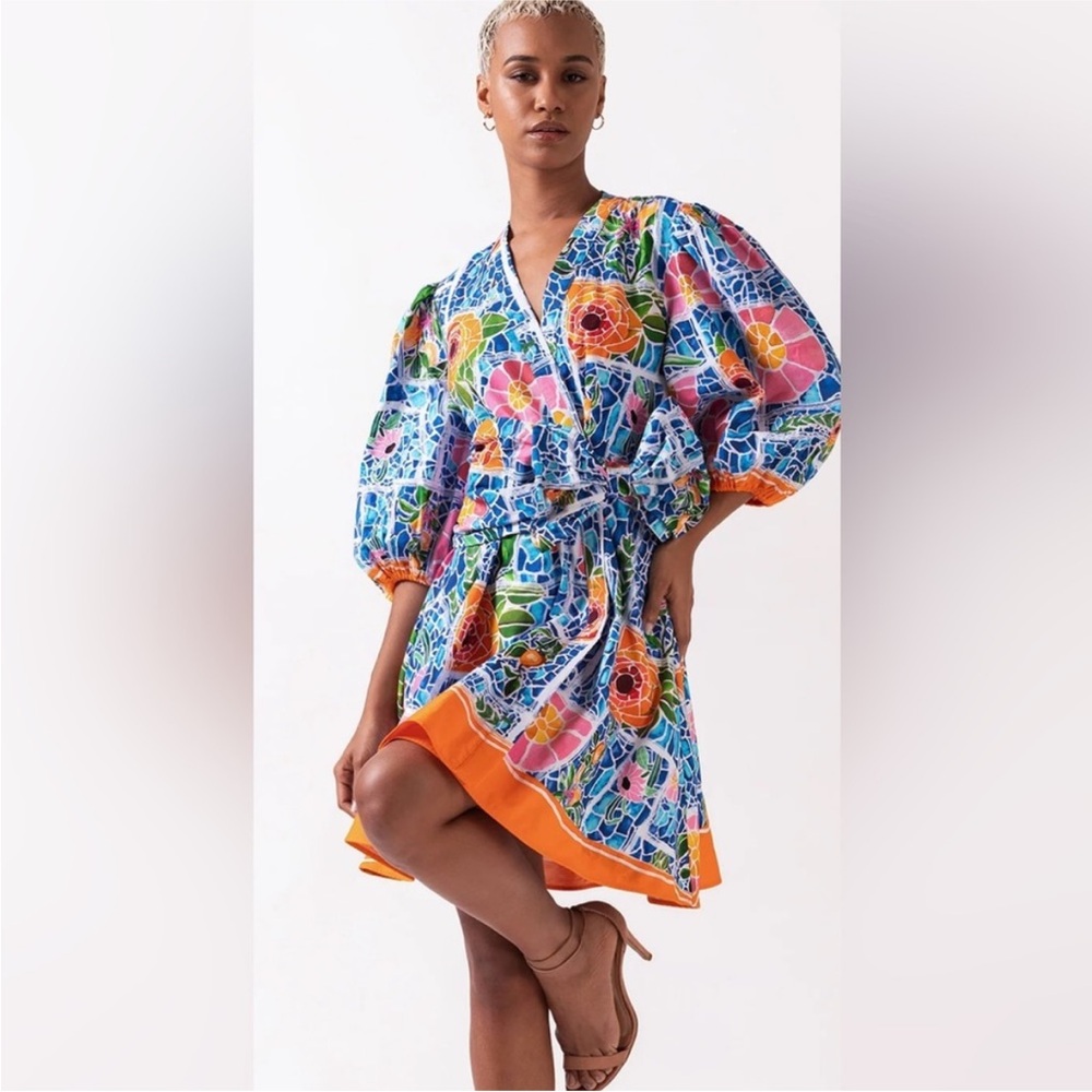 CELINA MOON Garrie B Carly Wrap Dress Blue Azura Floral Print Mini dress NEW NWT